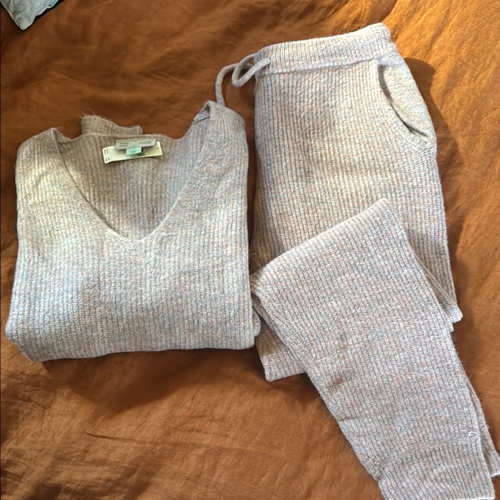 Anthropologie Heathered Light Gray Knit Sweater & Jogger Set